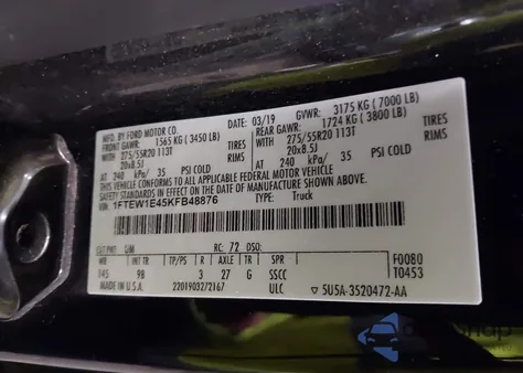 2019 Ford F-150 Platinum z USA, uszkodzony, nr VIN 1FTEW1E45KFB48876